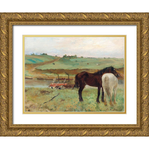 Horse in a Meadow Gold Ornate Wood Framed Art Print with Double Matting by Degas, Edgar