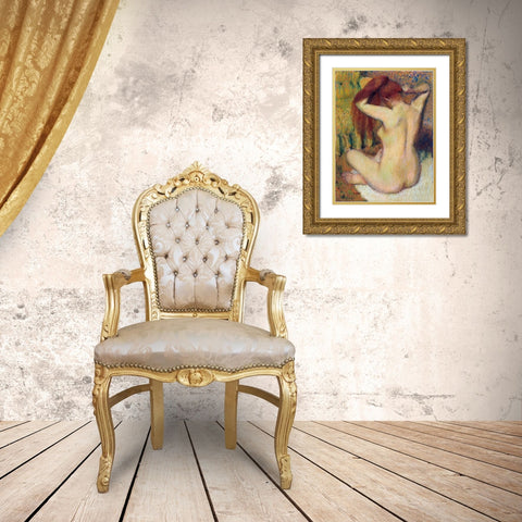Woman Combing Her Hair Gold Ornate Wood Framed Art Print with Double Matting by Degas, Edgar