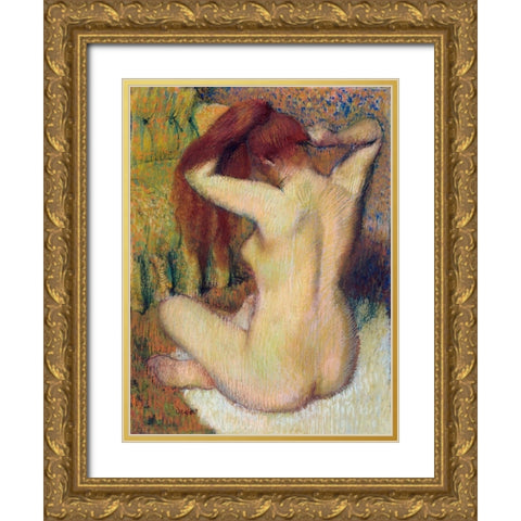Woman Combing Her Hair Gold Ornate Wood Framed Art Print with Double Matting by Degas, Edgar