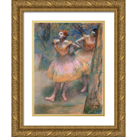 Two Dancers Gold Ornate Wood Framed Art Print with Double Matting by Degas, Edgar
