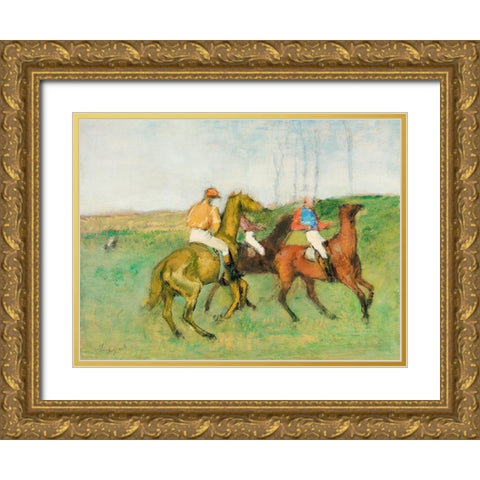 Jockeys and Race Horses Gold Ornate Wood Framed Art Print with Double Matting by Degas, Edgar