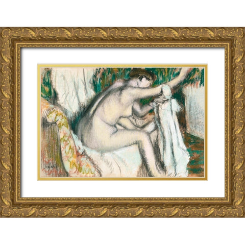 Woman Drying Her Arm Gold Ornate Wood Framed Art Print with Double Matting by Degas, Edgar
