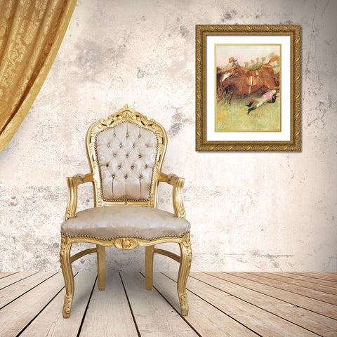 Scene from the Steeplechase: The Fallen Jockey Gold Ornate Wood Framed Art Print with Double Matting by Degas, Edgar