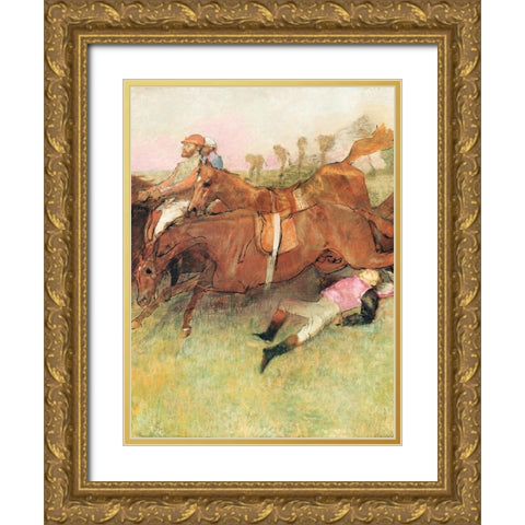 Scene from the Steeplechase: The Fallen Jockey Gold Ornate Wood Framed Art Print with Double Matting by Degas, Edgar