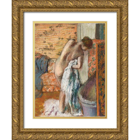 Apres le bain Gold Ornate Wood Framed Art Print with Double Matting by Degas, Edgar