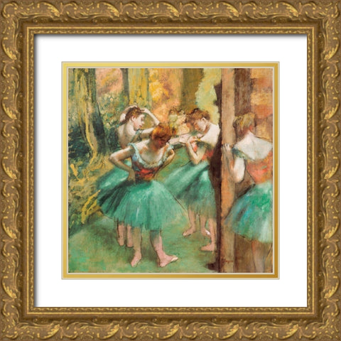 Dancers, Pink and Green Gold Ornate Wood Framed Art Print with Double Matting by Degas, Edgar