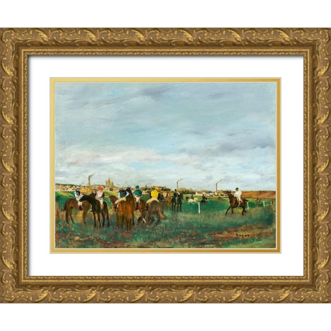 The Races Gold Ornate Wood Framed Art Print with Double Matting by Degas, Edgar