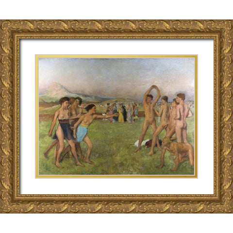 Young Spartans exercising Gold Ornate Wood Framed Art Print with Double Matting by Degas, Edgar