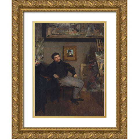 Portrait of James Tissot Gold Ornate Wood Framed Art Print with Double Matting by Degas, Edgar