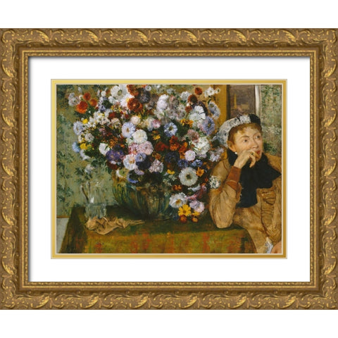 A Woman Seated beside a Vase of Flowers Gold Ornate Wood Framed Art Print with Double Matting by Degas, Edgar