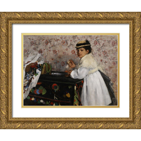 Portrait of Mlle. Hortense Valpincon Gold Ornate Wood Framed Art Print with Double Matting by Degas, Edgar