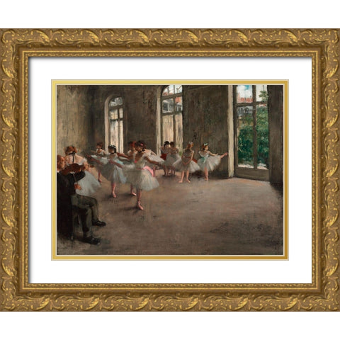 Ballet Rehearsal Gold Ornate Wood Framed Art Print with Double Matting by Degas, Edgar