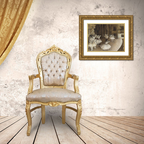 Ballet Rehearsal on Stage Gold Ornate Wood Framed Art Print with Double Matting by Degas, Edgar