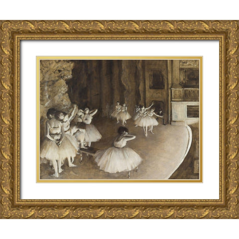 Ballet Rehearsal on Stage Gold Ornate Wood Framed Art Print with Double Matting by Degas, Edgar