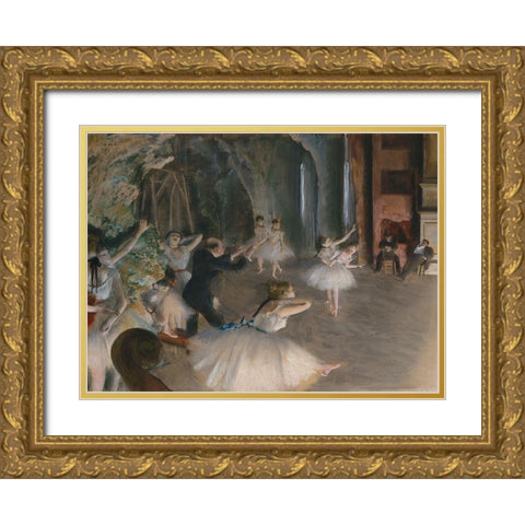 Stage Rehearsal Gold Ornate Wood Framed Art Print with Double Matting by Degas, Edgar