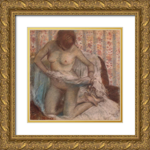 Kneeling Woman Gold Ornate Wood Framed Art Print with Double Matting by Degas, Edgar