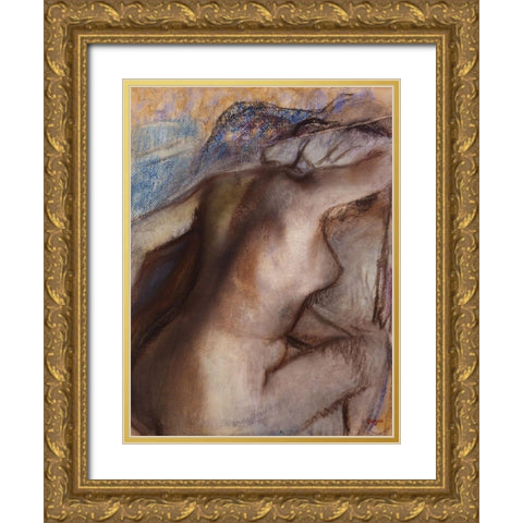 After the Bath, Woman Drying Herself Gold Ornate Wood Framed Art Print with Double Matting by Degas, Edgar