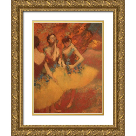 Three Dancers in Yellow Skirts Gold Ornate Wood Framed Art Print with Double Matting by Degas, Edgar