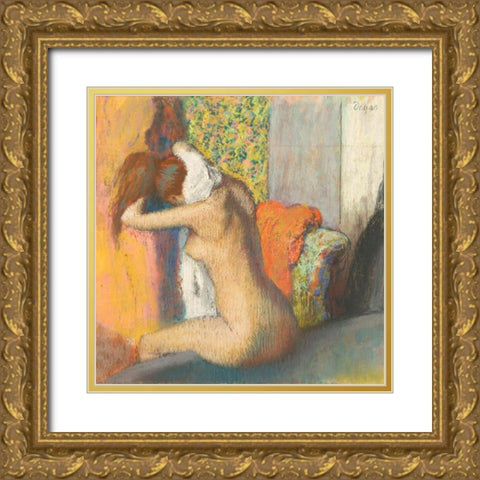 After the Bath, Woman Drying her Nape Gold Ornate Wood Framed Art Print with Double Matting by Degas, Edgar
