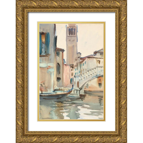 A Bridge and Campanile, Venice Gold Ornate Wood Framed Art Print with Double Matting by Sargent, John Singer