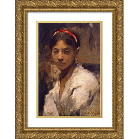 Head of a Capri Girl, 1878 Gold Ornate Wood Framed Art Print with Double Matting by Sargent, John Singer