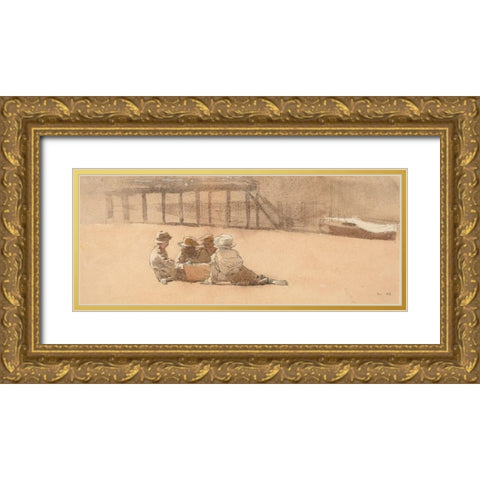 Four Boys on a Beach Gold Ornate Wood Framed Art Print with Double Matting by Homer, Winslow