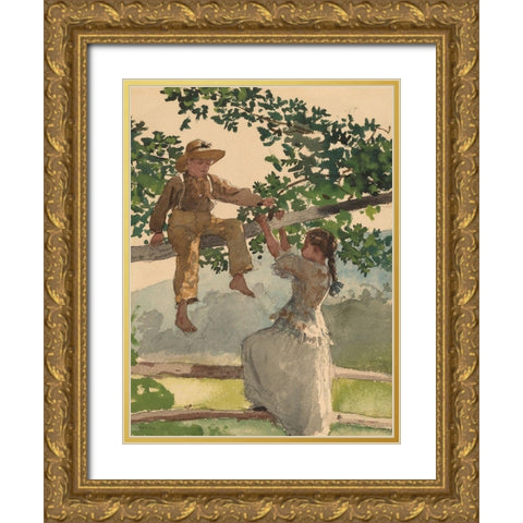 On the Fence Gold Ornate Wood Framed Art Print with Double Matting by Homer, Winslow