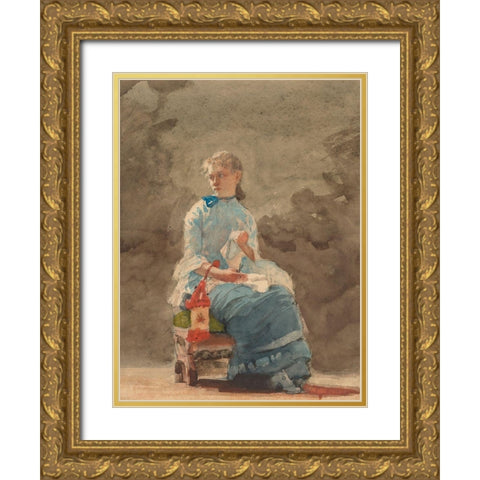 Young Woman Sewing Gold Ornate Wood Framed Art Print with Double Matting by Homer, Winslow