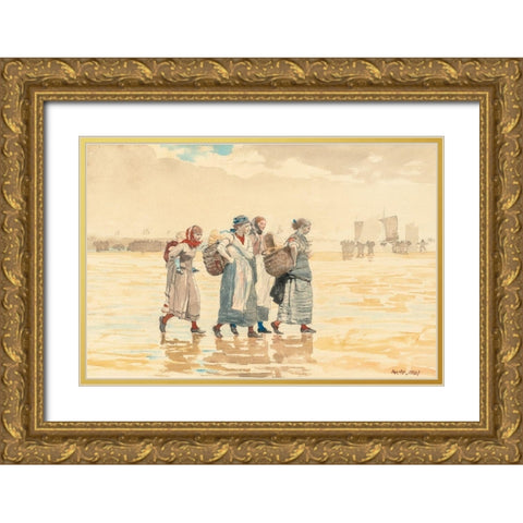 Four Fishwives on the Beach Gold Ornate Wood Framed Art Print with Double Matting by Homer, Winslow