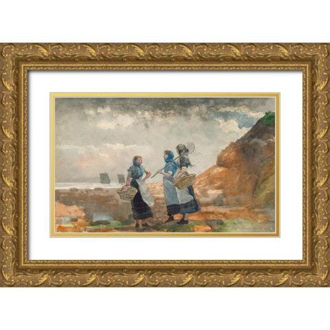 Three Fisher Girls, Tynemouth Gold Ornate Wood Framed Art Print with Double Matting by Homer, Winslow