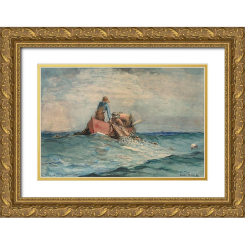 Hauling in the Nets Gold Ornate Wood Framed Art Print with Double Matting by Homer, Winslow