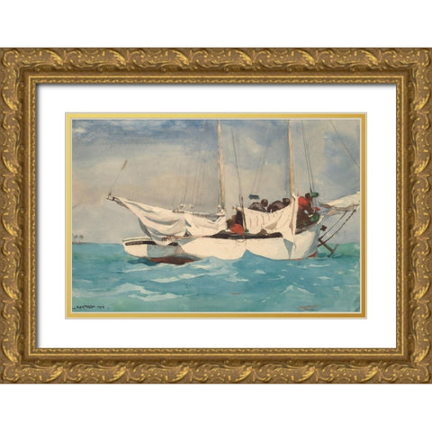 Key West, Hauling Anchor Gold Ornate Wood Framed Art Print with Double Matting by Homer, Winslow