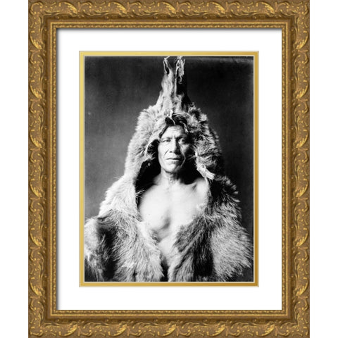 Bears Belly, Arikara Indian, wearing bearskin Gold Ornate Wood Framed Art Print with Double Matting by Curtis, Edward