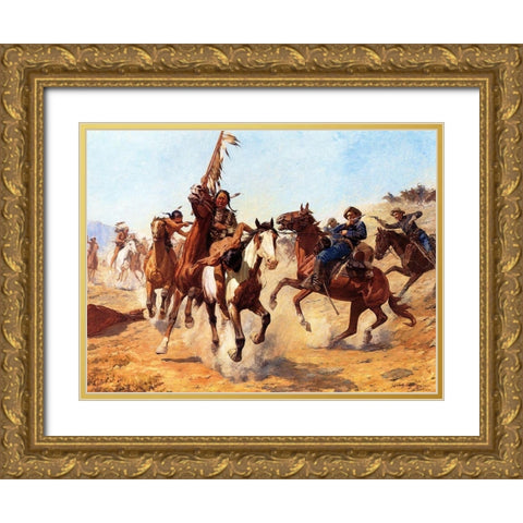 The Silenced War Whoop Gold Ornate Wood Framed Art Print with Double Matting by Schreyvogel, Charles