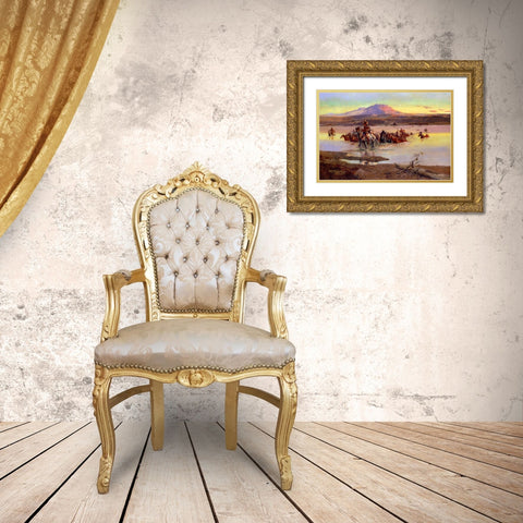 Fording the Horse Herd Gold Ornate Wood Framed Art Print with Double Matting by Russell, Charles Marion