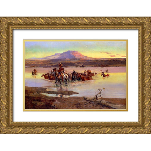 Fording the Horse Herd Gold Ornate Wood Framed Art Print with Double Matting by Russell, Charles Marion