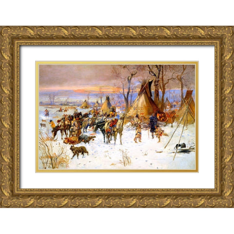 Indian Hunters Return Gold Ornate Wood Framed Art Print with Double Matting by Russell, Charles Marion
