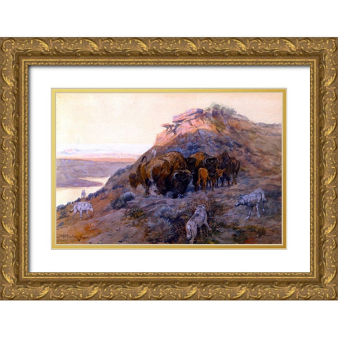 Buffalo Herd at Bay Gold Ornate Wood Framed Art Print with Double Matting by Russell, Charles Marion