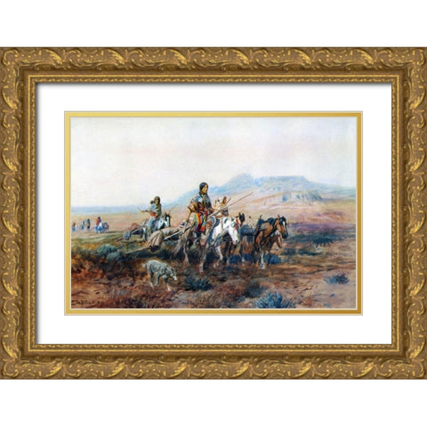 When the Trail Was Long Between Camps Gold Ornate Wood Framed Art Print with Double Matting by Russell, Charles Marion