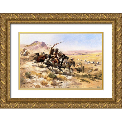 Attack on a Wagon Train Gold Ornate Wood Framed Art Print with Double Matting by Russell, Charles Marion