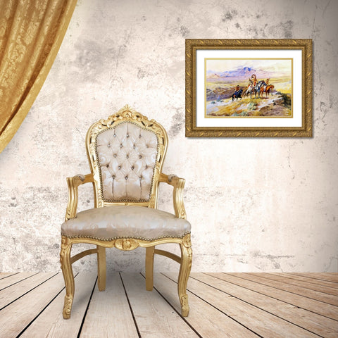 Indians Scouting a Wagon Train Gold Ornate Wood Framed Art Print with Double Matting by Russell, Charles Marion