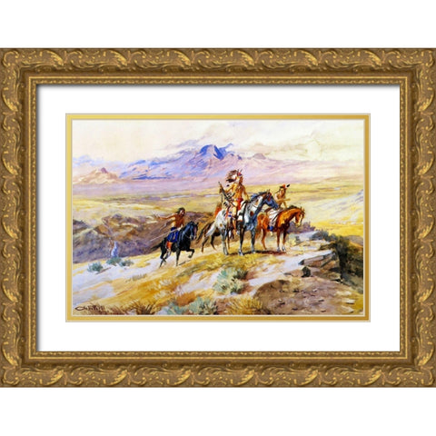 Indians Scouting a Wagon Train Gold Ornate Wood Framed Art Print with Double Matting by Russell, Charles Marion