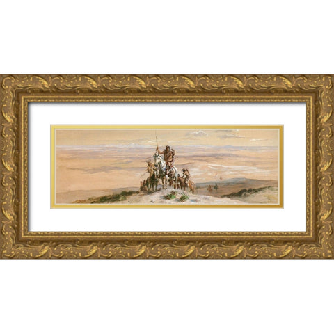 Indian War Party Gold Ornate Wood Framed Art Print with Double Matting by Russell, Charles Marion