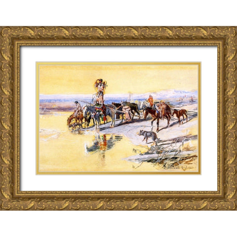 Indians Traveling on Travois Gold Ornate Wood Framed Art Print with Double Matting by Russell, Charles Marion