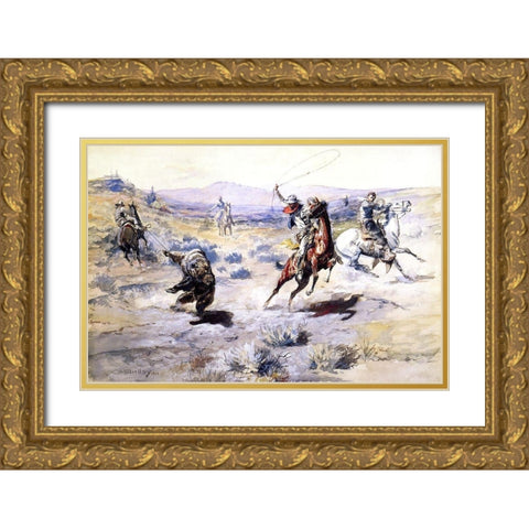 Roping a Grizzly Gold Ornate Wood Framed Art Print with Double Matting by Russell, Charles Marion