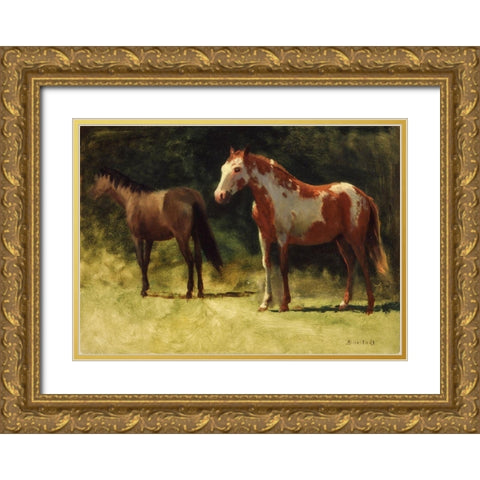 Two Horses Gold Ornate Wood Framed Art Print with Double Matting by Bierstadt, Albert