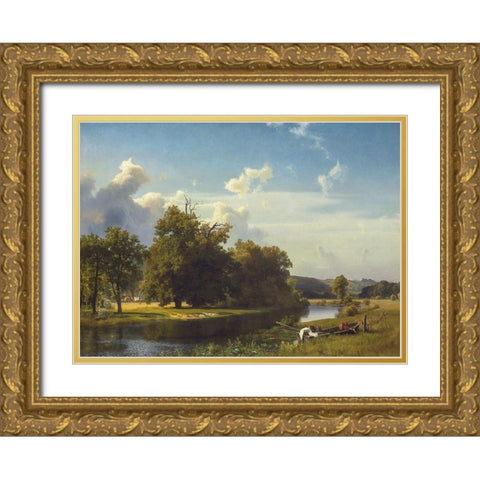 A River Landscape, Westphalia Gold Ornate Wood Framed Art Print with Double Matting by Bierstadt, Albert