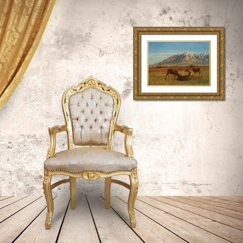 Deer in Mountain Home Gold Ornate Wood Framed Art Print with Double Matting by Bierstadt, Albert