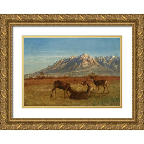 Deer in Mountain Home Gold Ornate Wood Framed Art Print with Double Matting by Bierstadt, Albert