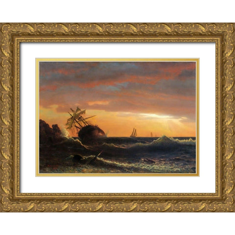 Beached Ship Gold Ornate Wood Framed Art Print with Double Matting by Bierstadt, Albert